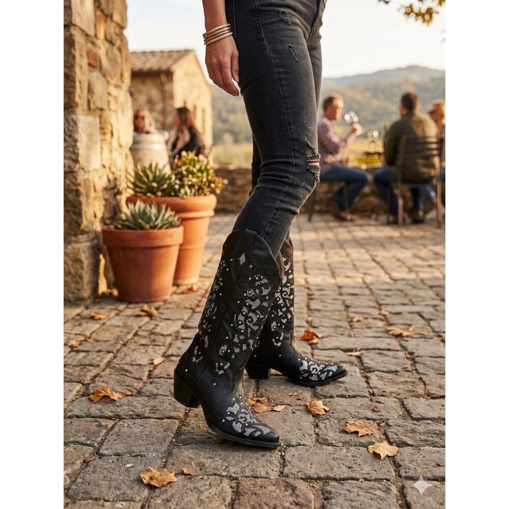 Glamorous Black Rhinestone Western Boots - Women's Size 8